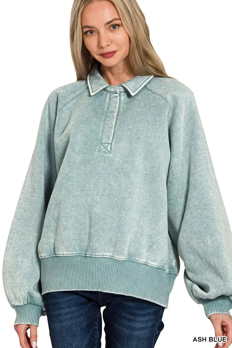 Zenana Acid Wash Fleece Collared Sweatshirt - DAVERRI FASHIONS