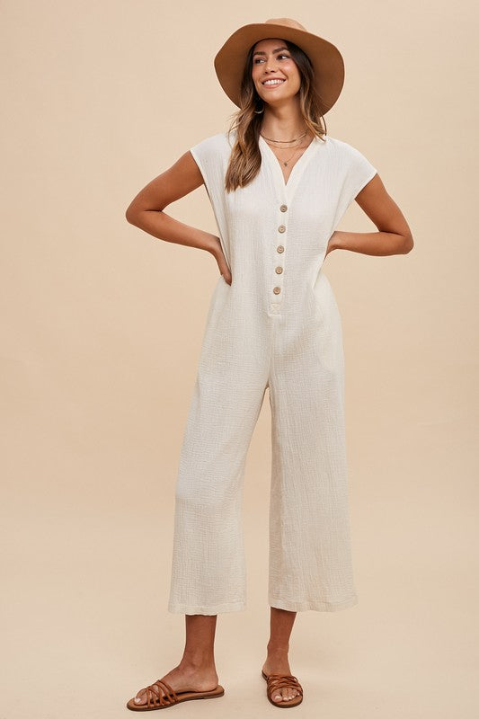 Annie Wear Cream Button Detail Wide Leg Jumpsuit with Pockets Cream Jumpsuits & Rompers