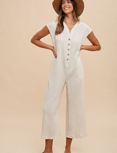 Annie Wear Button Detail Wide Leg Jumpsuit with Pockets Cream