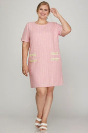 She + Sky Pink Short Sleeve Pearl Studded Trim Knit Tweed Dress Mini Dresses