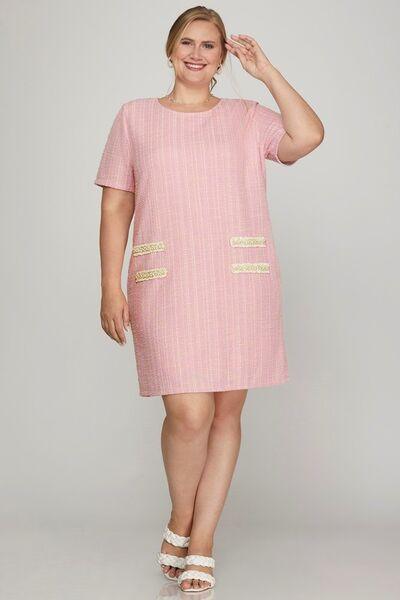 She + Sky Pink Short Sleeve Pearl Studded Trim Knit Tweed Dress Mini Dresses