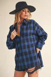 Aemi + Co Side Slit High-Low Plaid Long Sleeve Polo Shirt Shirts