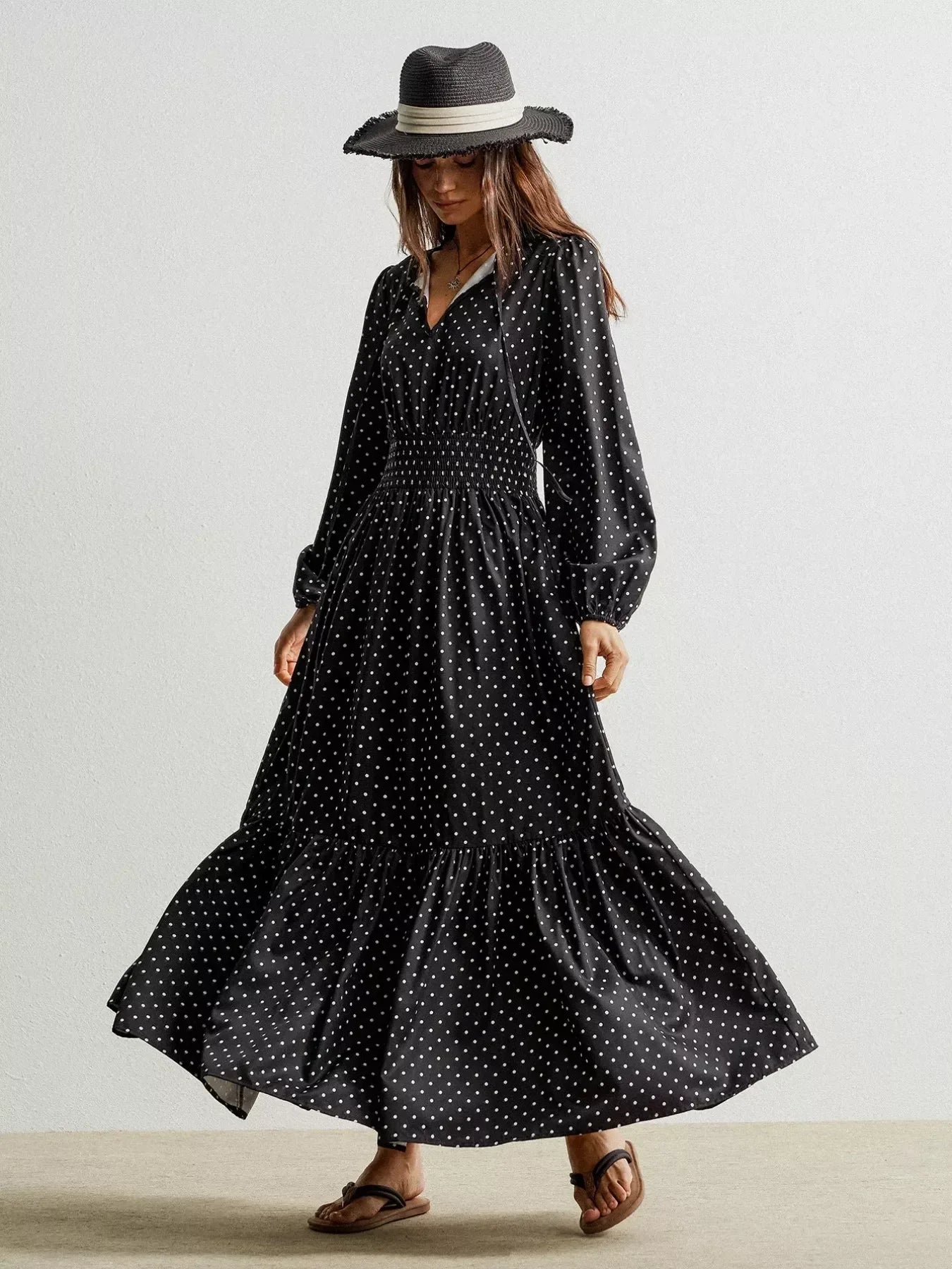 Daverri Fashions Polka Dot Long Sleeve Maxi Dress - DAVERRI FASHIONS