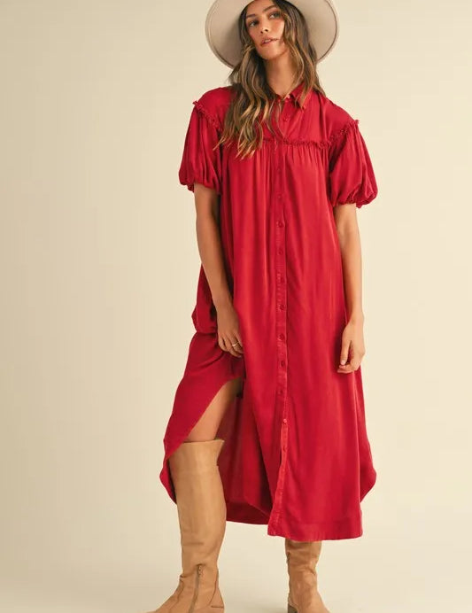 Annie Wear Mineral Washed Button Down Puff Sleeve Shirt Dress | Daverri Fashions