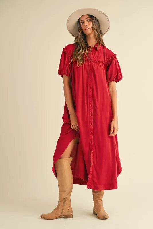Annie Wear Mineral Washed Button Down Puff Sleeve Shirt Dress | Daverri Fashions
