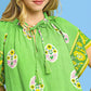 Umgee Boho Bloom Border Top: bright green short-sleeved dress with floral embroidery and tassel details