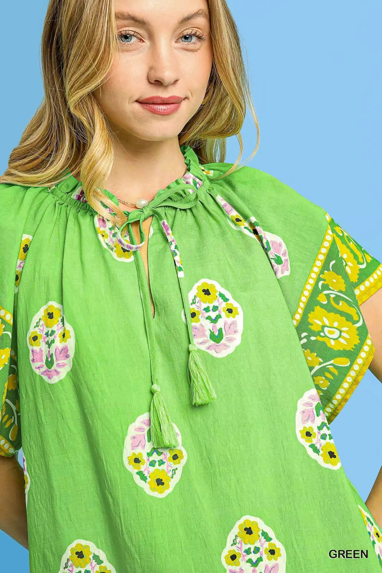 Umgee Boho Bloom Border Top: bright green short-sleeved dress with floral embroidery and tassel details