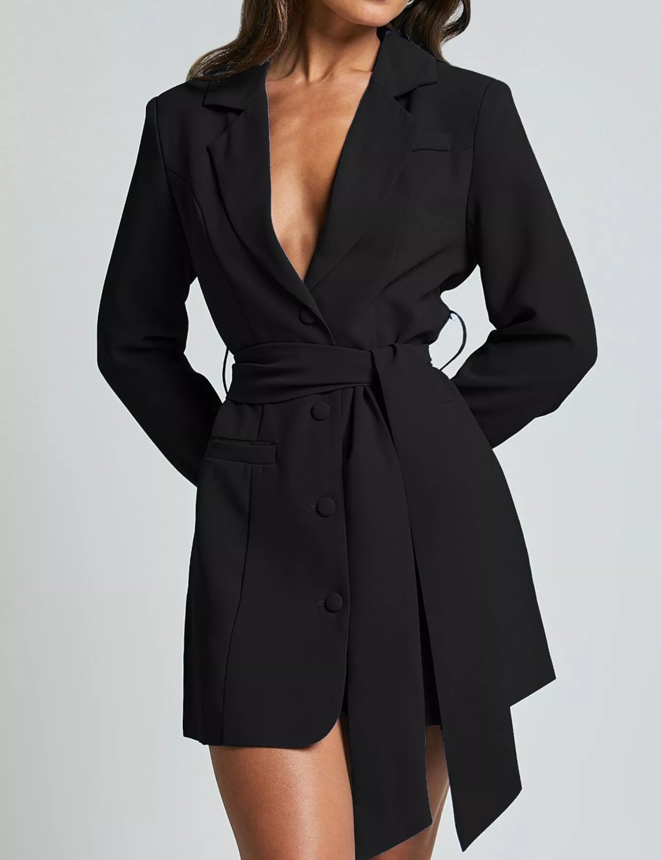 Black Lapel Collar Tie Waist Mini Blazer Dress | Mini Dresses Daverri Fashions