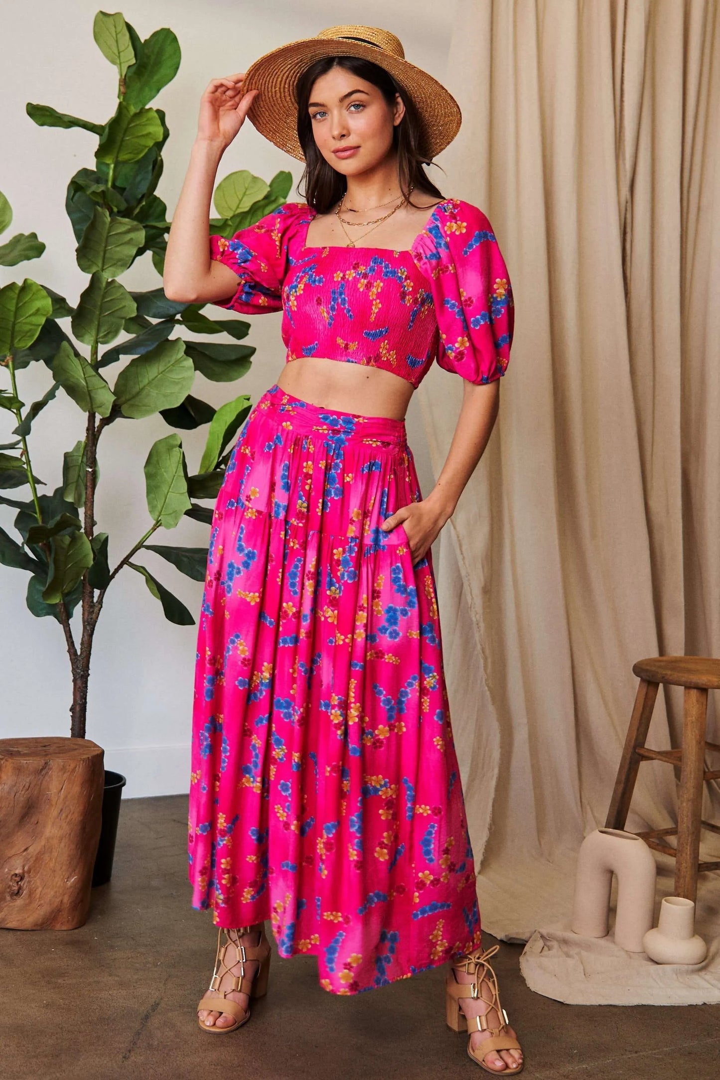 Vibrant pink Davi & Dani printed smocking ruffled maxi skirt set