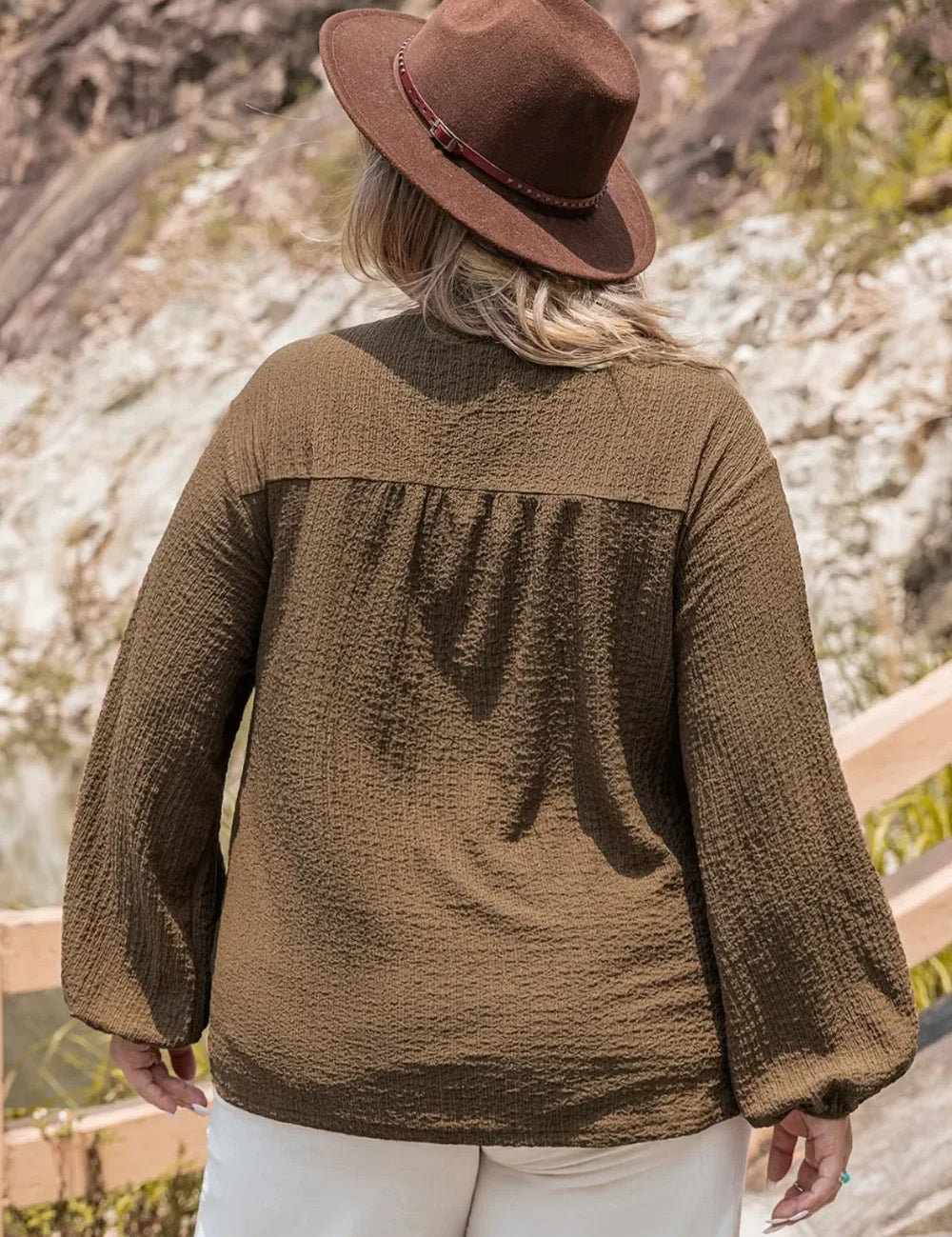 Plus size olive green tie neck long sleeve textured blouse