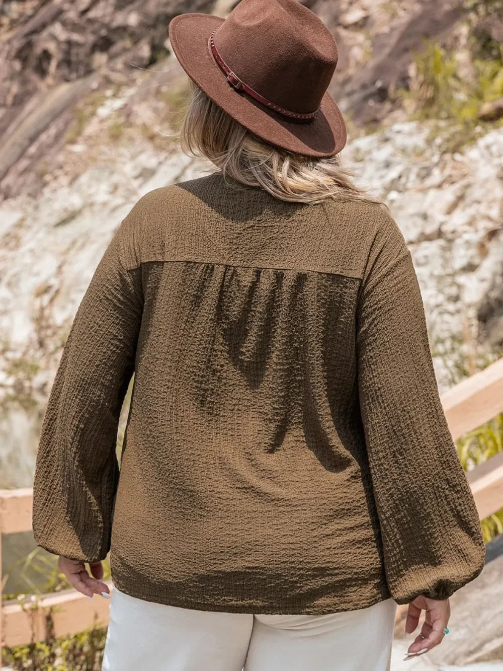 Plus size olive green tie neck long sleeve textured blouse