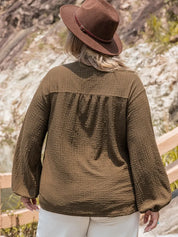 Plus size olive green tie neck long sleeve textured blouse