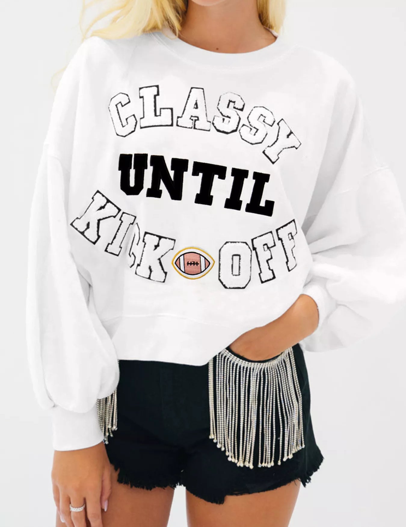 White CLASSY UNTIL KICKOFF Plush Letter Patched Loose Sweatshirt | Sweatshirts Daverri Fashions