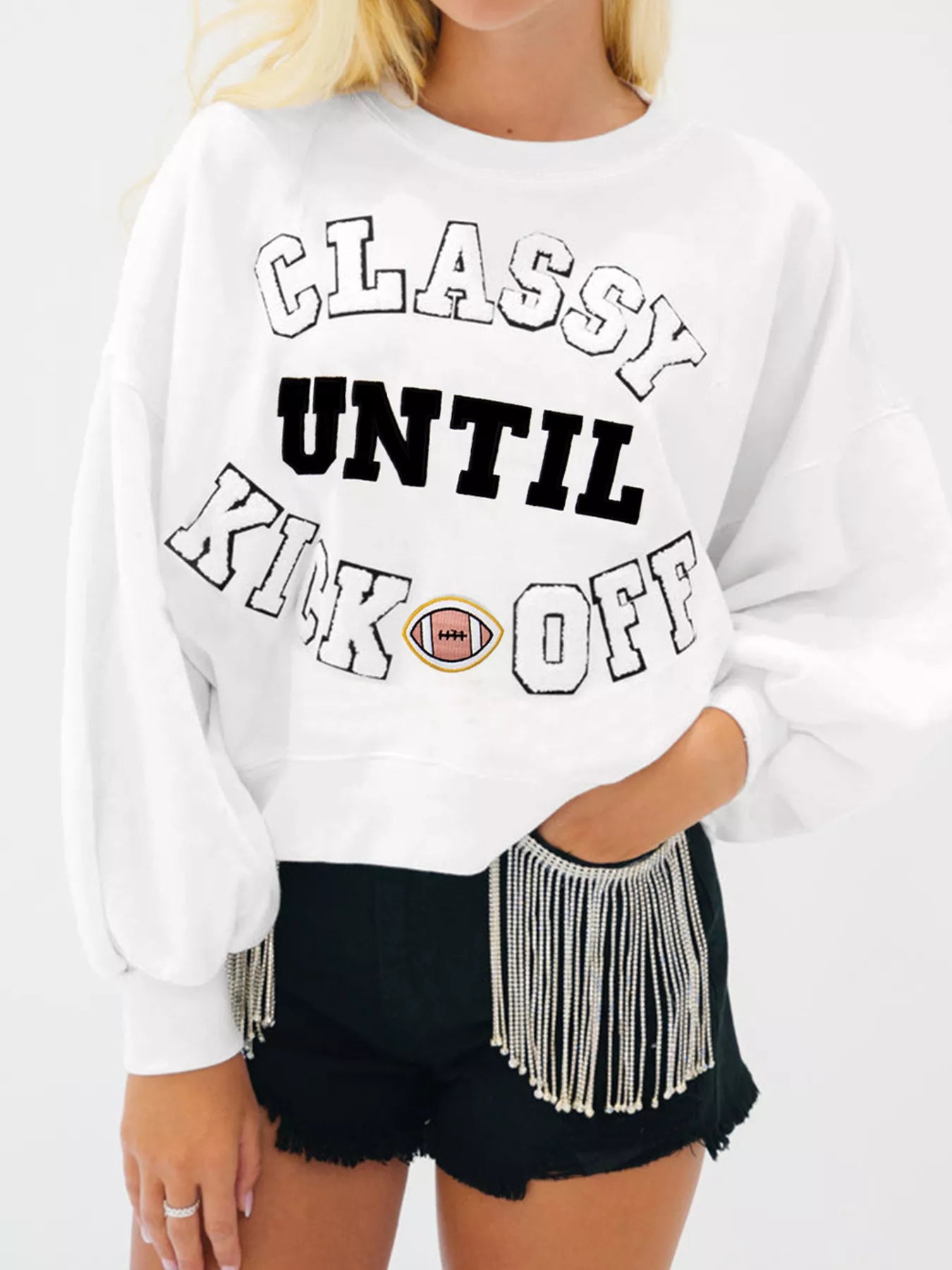 White CLASSY UNTIL KICKOFF Plush Letter Patched Loose Sweatshirt | Sweatshirts Daverri Fashions