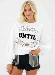 CLASSY UNTIL KICKOFF Plush Letter Patched Loose Sweatshirt - DAVERRI FASHIONS