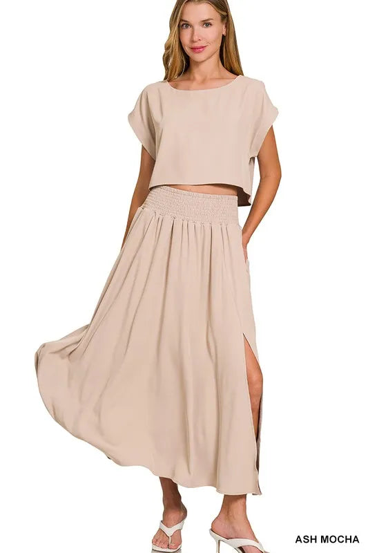 Zenana Heavy Woven Span Crop Tee & Skirt Set Outfit Sets