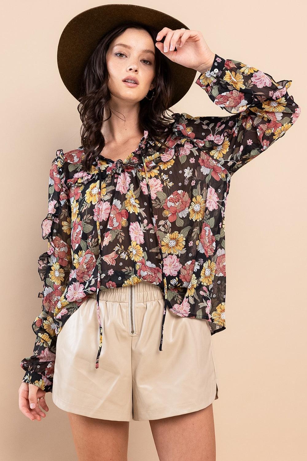 Ces Femme Ruffle Trim Long Sleeve Floral Blouse - DAVERRI FASHIONS