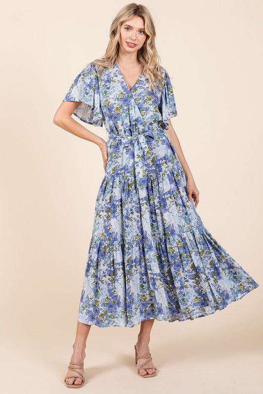 Mittoshop Floral Tie Waist Flutter Sleeve Tiered Dress