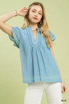 Umgee light blue scalloped trim flutter sleeve top with ruffled cuffs