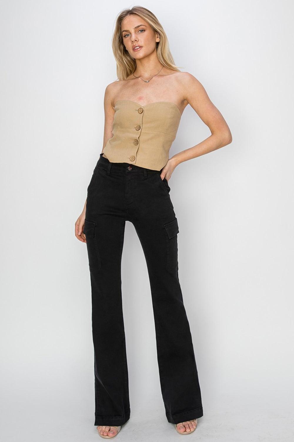 RISEN Full Size High Rise Side Slit Cargo Bootcut Jeans Jeans