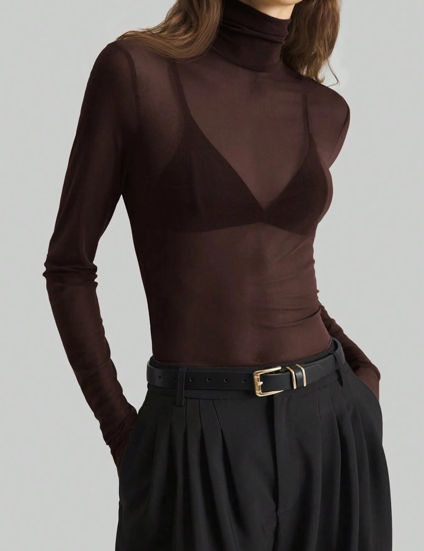 Dark Brown Turtleneck Long Sleeve Top | Tops Daverri Fashions