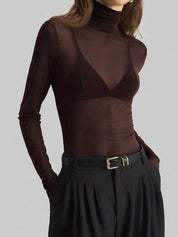 Dark Brown Turtleneck Long Sleeve Top | Tops Daverri Fashions