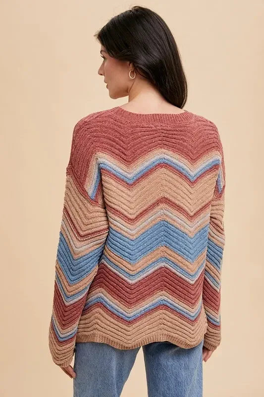 Annie Wear Multi Color Zig-Zag Round Neck Sweater - DAVERRI FASHIONS