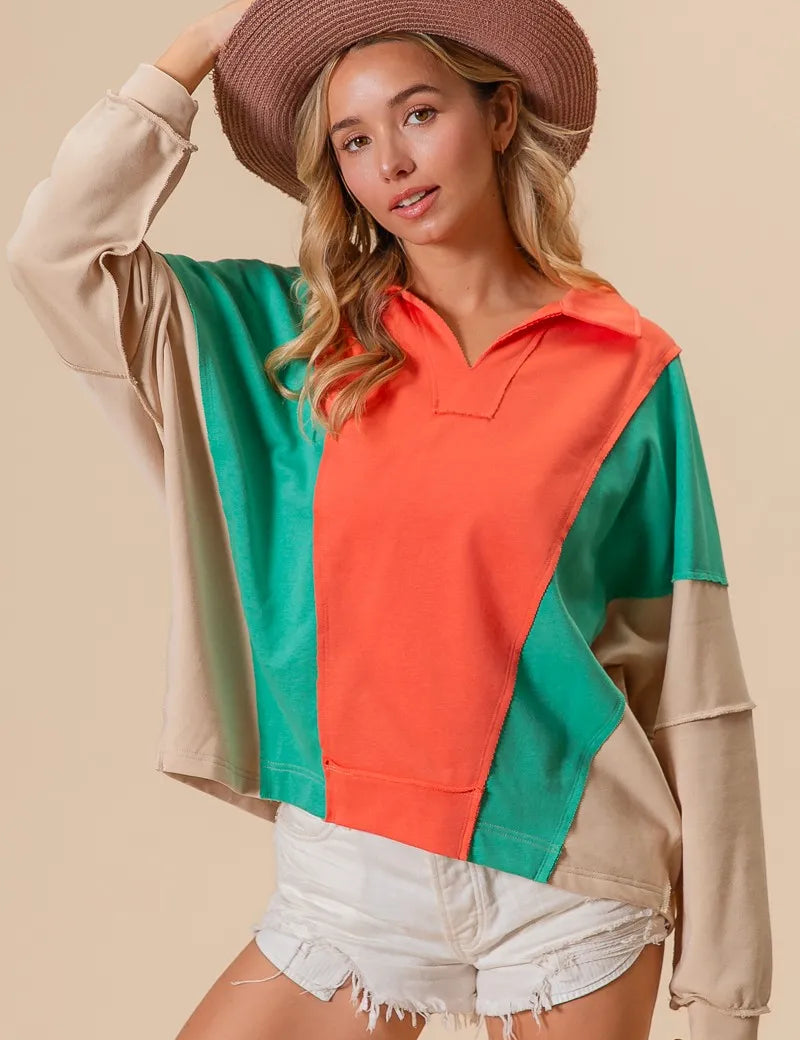 APRICOT MINT SAND BiBi Colorblock Exposed Seam French Terry Sweatshirt | Daverri Fashions