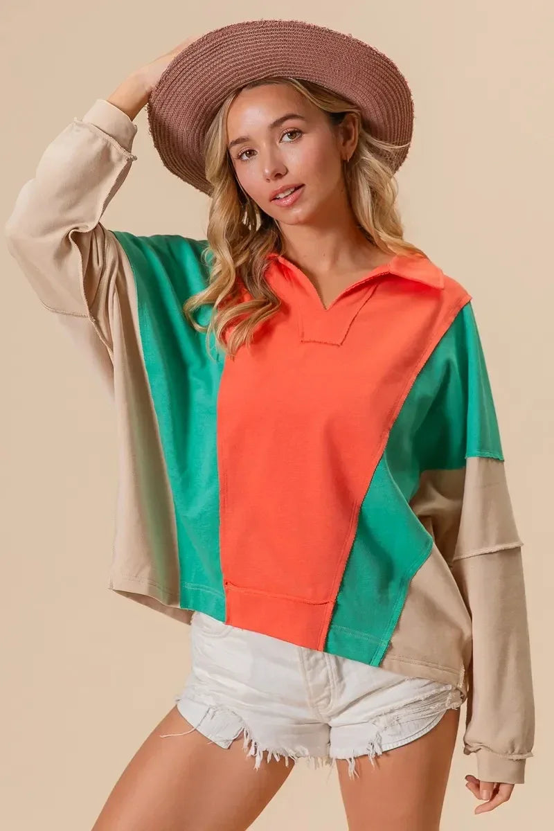 BiBi Colorblock Exposed Seam French Terry Sweatshirt - DAVERRI FASHIONS