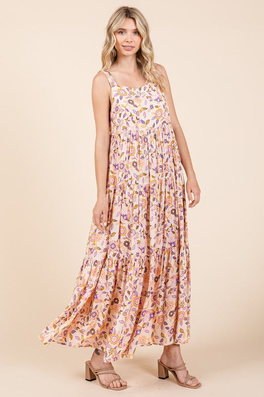 Mittoshop Flower Print Tiered Sleeveless Empire Maxi Dress