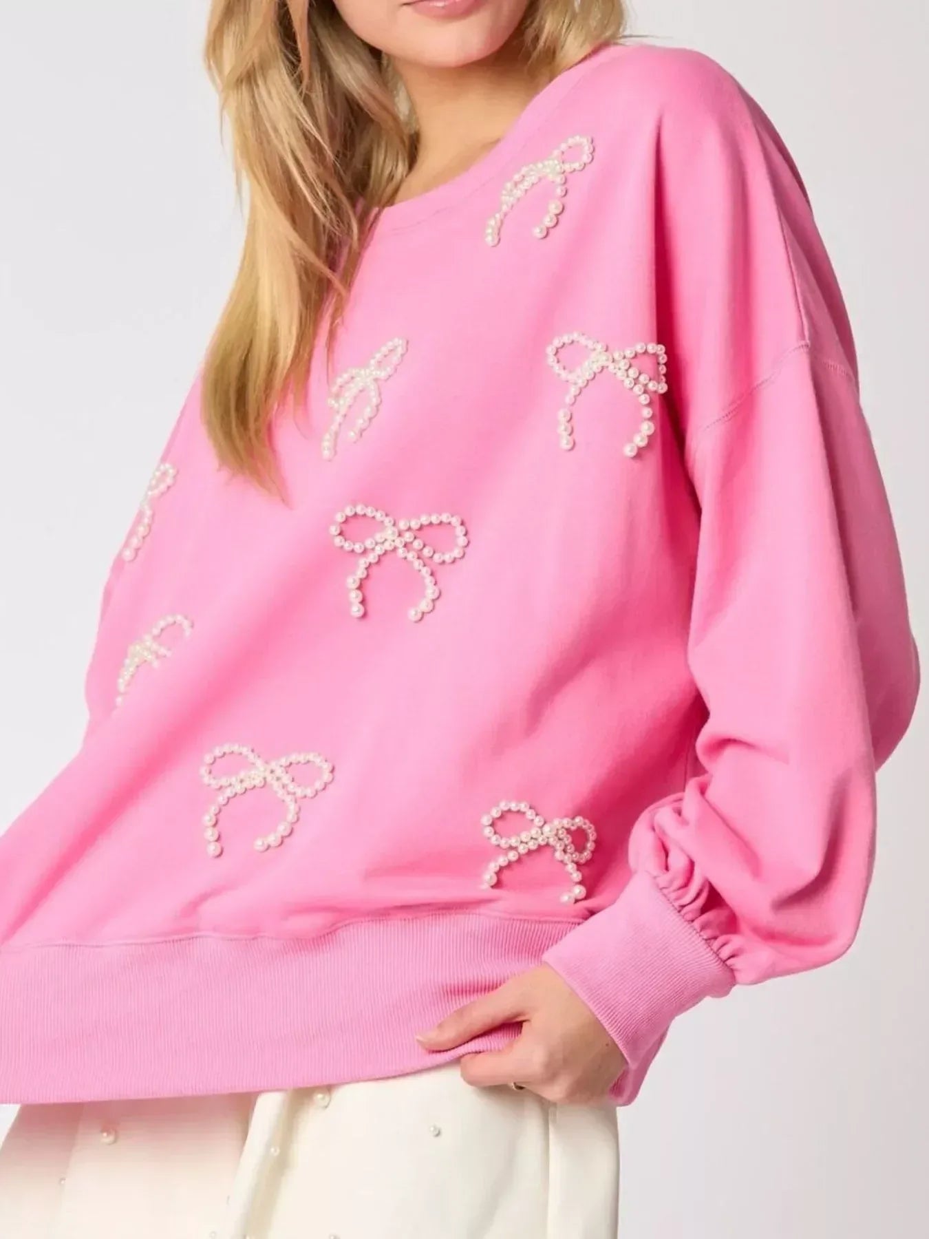 Pearl Embellished Bow Long Sleeve Sweatshirt - DAVERRI FASHIONS