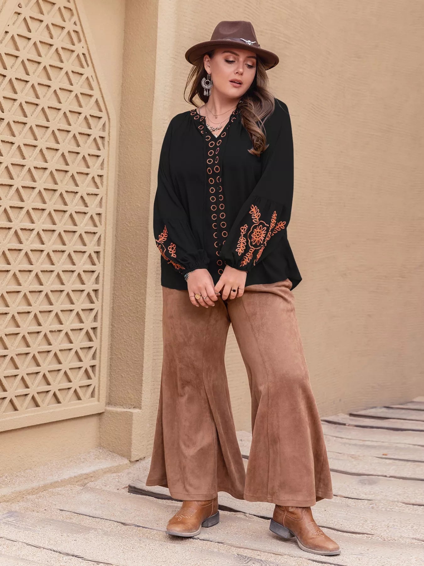 Plus size boho embroidered blouse with brown wide-leg pants