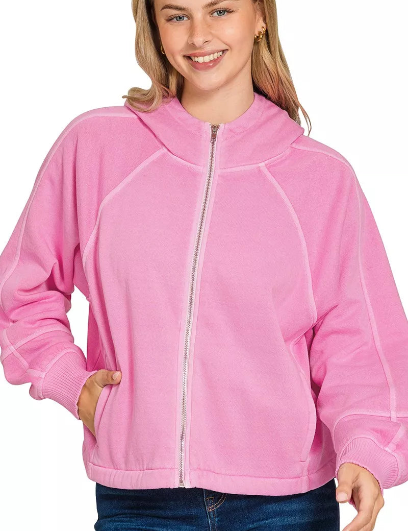 CANDY PINK Zenana Fleece Pigment Dye Zip Up Hoodie with Pockets | Daverri Fashions