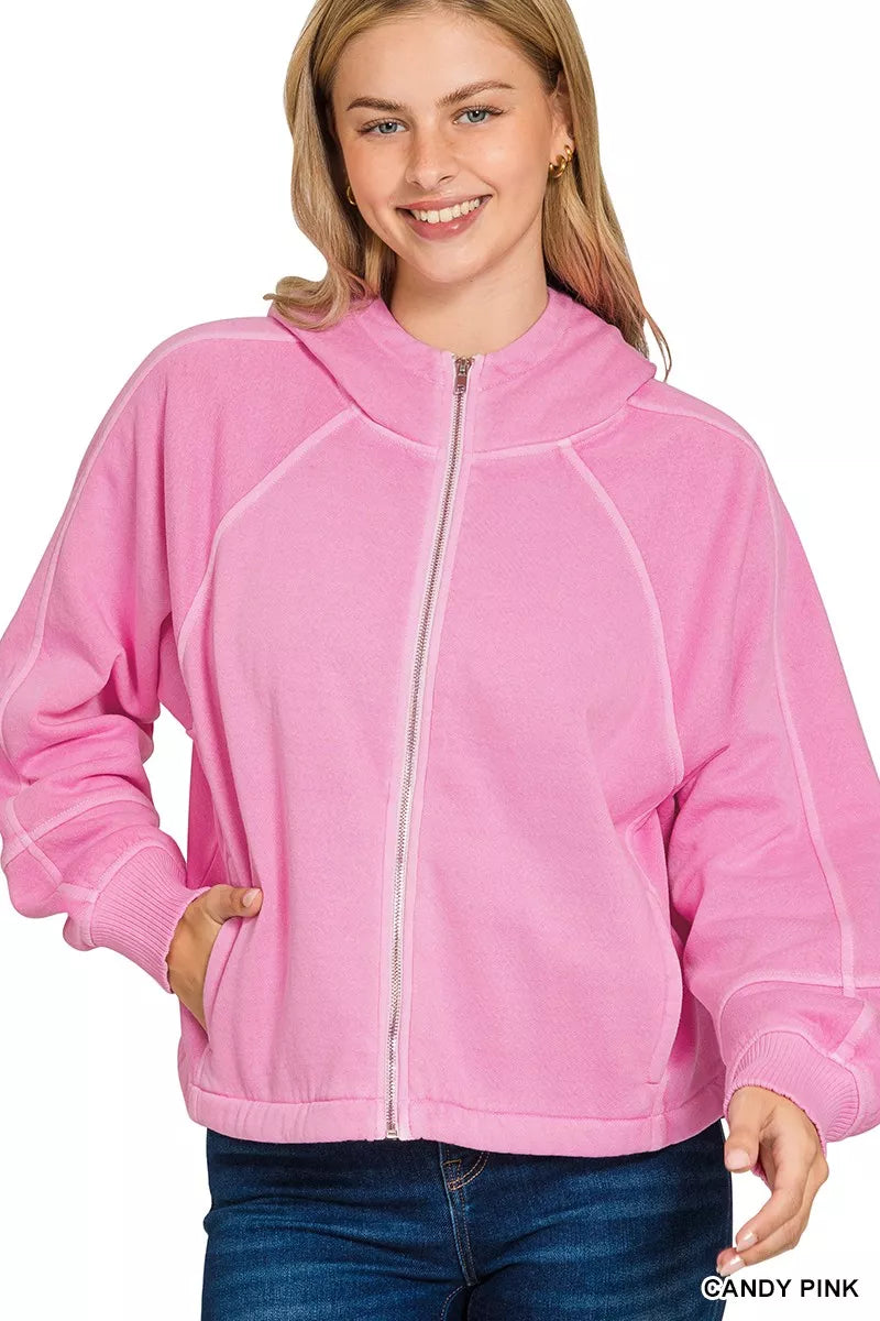 CANDY PINK Zenana Fleece Pigment Dye Zip Up Hoodie with Pockets | Daverri Fashions