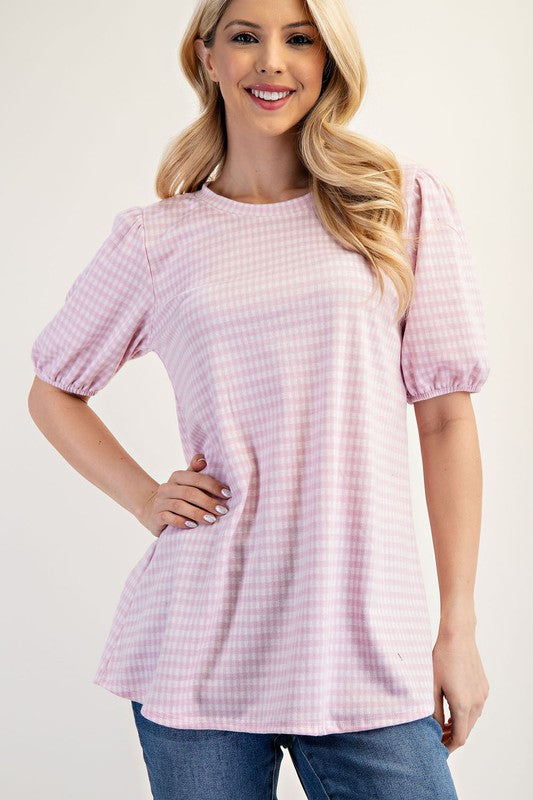 Celeste Full Size Gingham Print Top With Puff Sleeves Plus Size Blush Pink