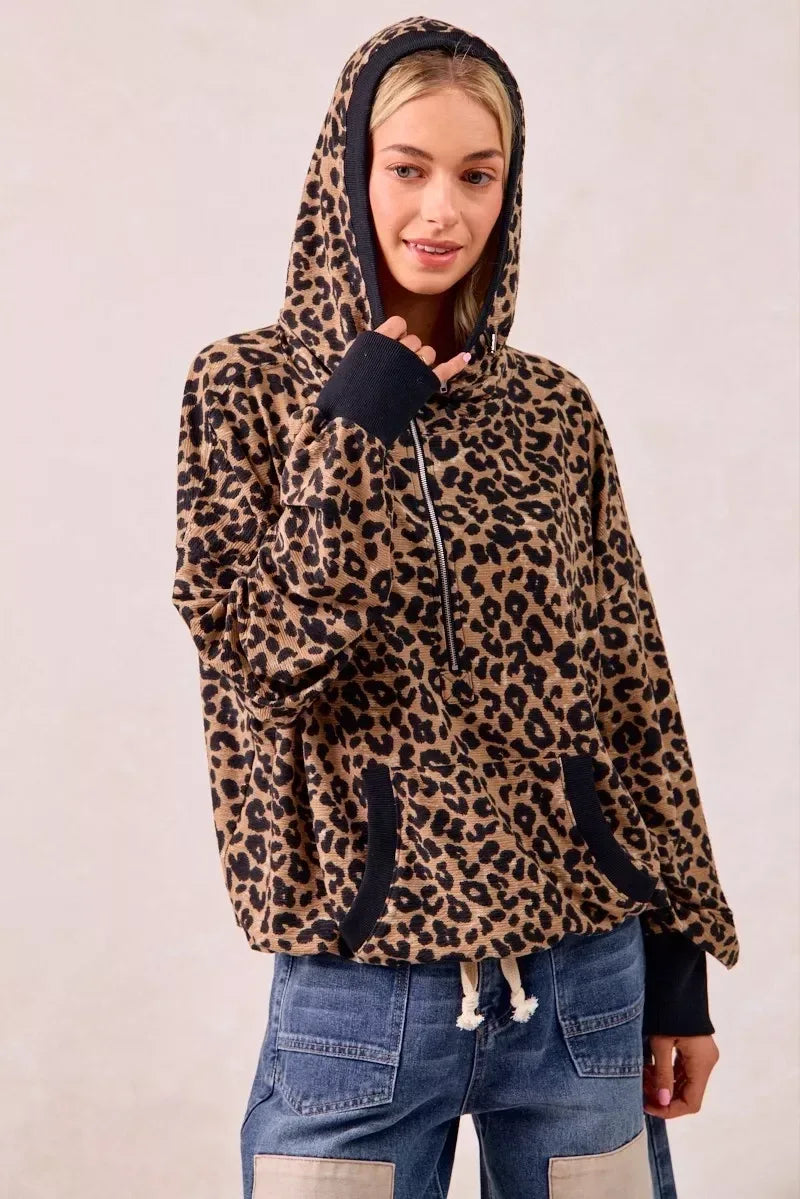 BiBi Leopard Print Waffle Half Zip Up Hoodie W Pocket - DAVERRI FASHIONS