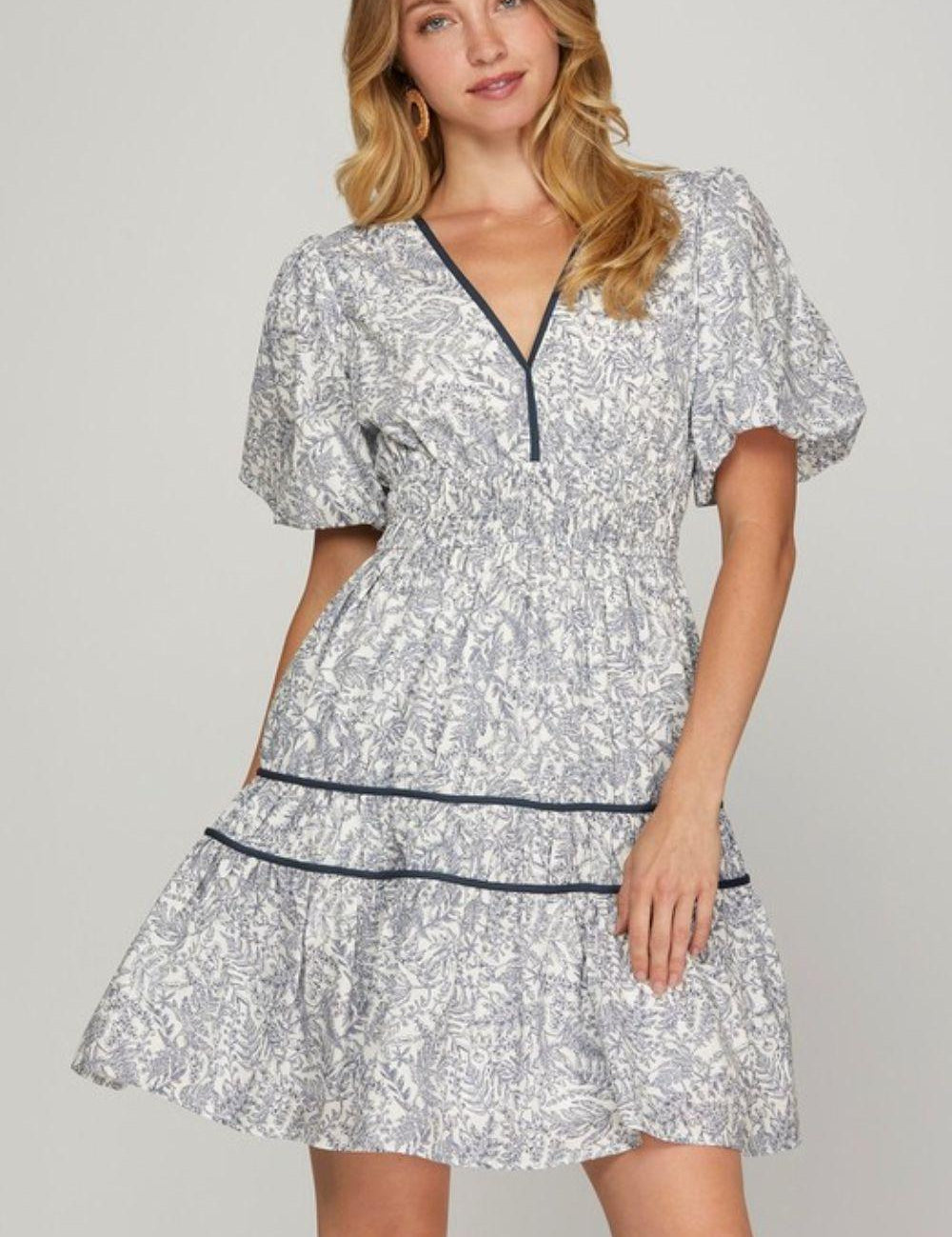 Deep Teal She + Sky Full Size Printed V-Neck Puff Sleeve Tiered Dress Plus Size | Daverri Fashions