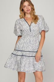 Deep Teal She + Sky Full Size Printed V-Neck Puff Sleeve Tiered Dress Plus Size | Daverri Fashions