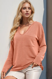 Tangerine S Double Take Striped Notched Long Sleeve T-Shirt | T-Shirts Daverri Fashions