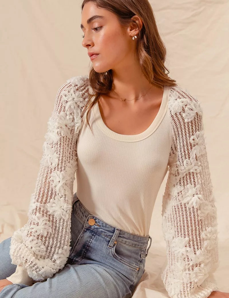 SO ME Rib Knit Top with Lace Balloon Sleeves | Knit Tops Daverri Fashions