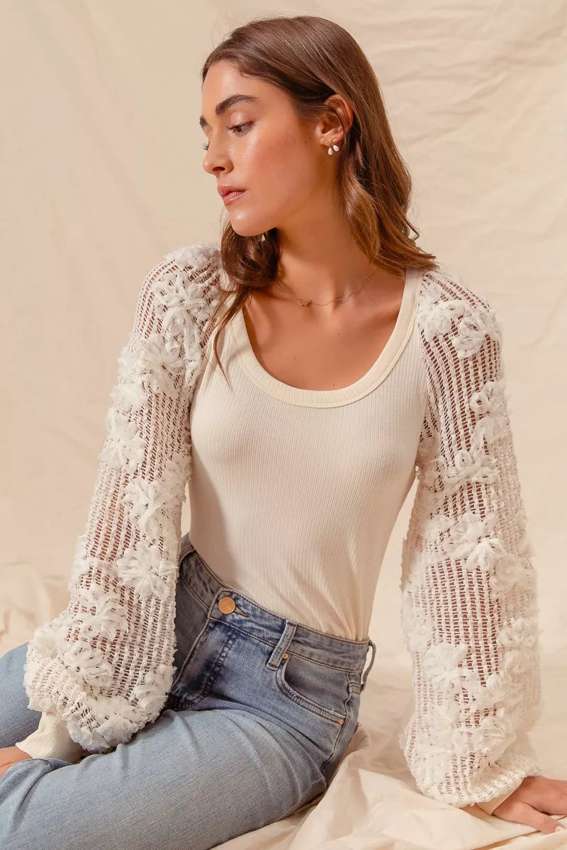 SO ME Rib Knit Top with Lace Balloon Sleeves | Knit Tops Daverri Fashions
