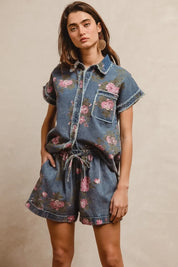 BiBi Floral Printed Denim Short Pants With Pocket | Denim Shorts Daverri Fashions
