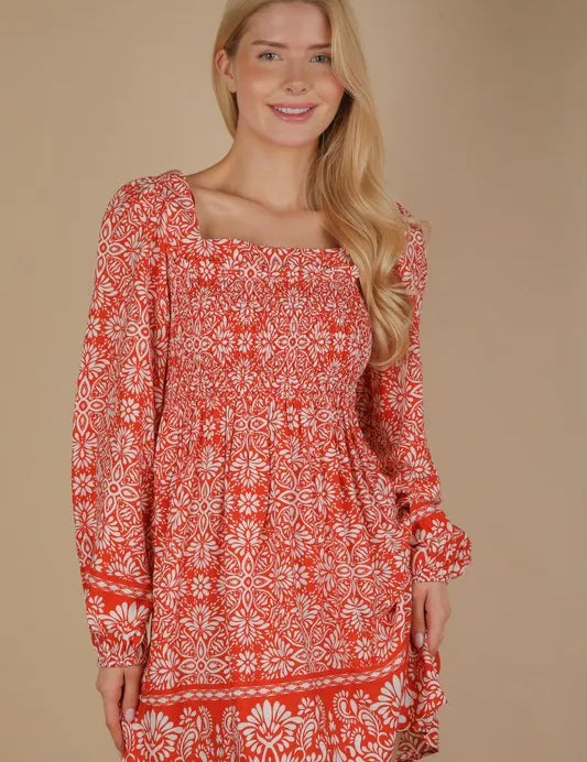 Rust VERY J Printed Smocked Chest Boho Mini Dress | Mini Dresses Daverri Fashions