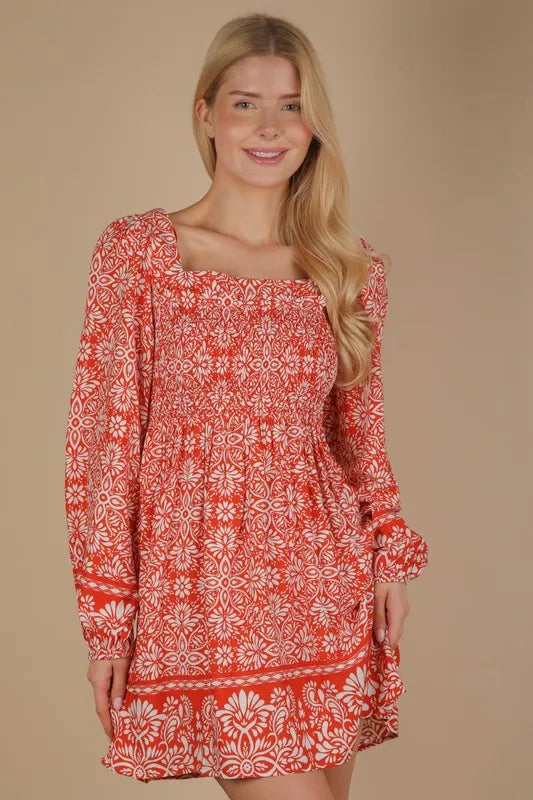 Rust VERY J Printed Smocked Chest Boho Mini Dress | Mini Dresses Daverri Fashions