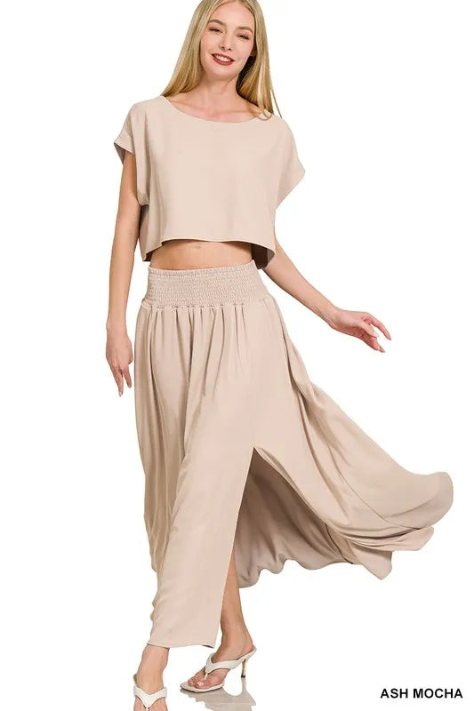 Zenana Heavy Woven Span Crop Tee & Skirt Set ASH MOCHA Outfit Sets