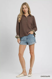 Umgee Half Button Blouse with Leopard Print Trim | Daverri Fashions