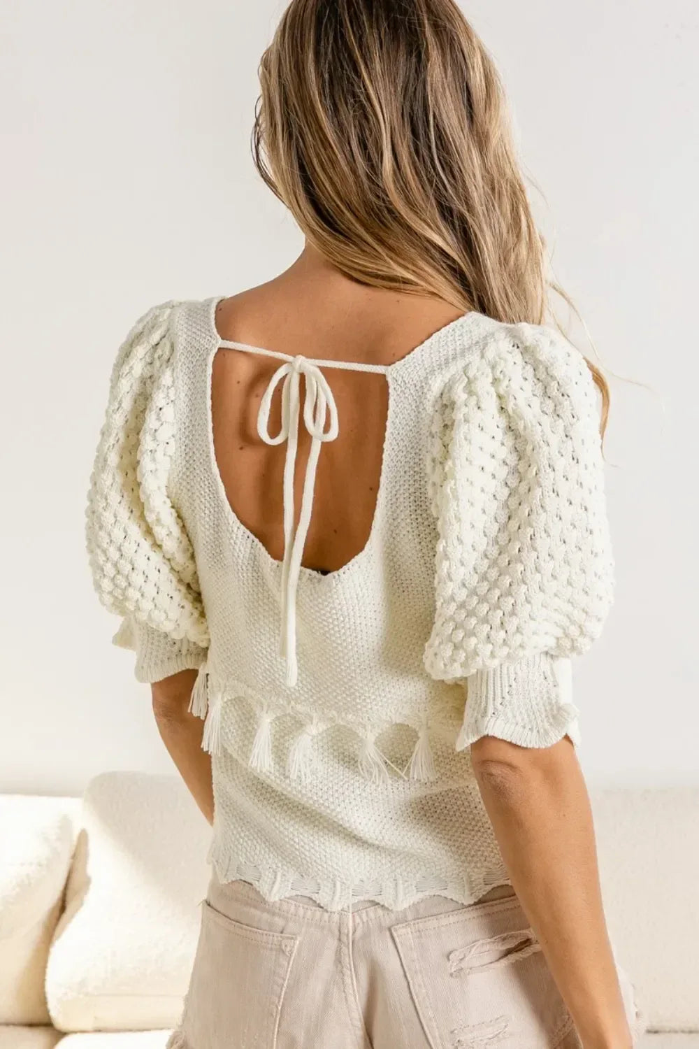 BiBi Tassel Detail Textured Square Neck Sweater - DAVERRI FASHIONS