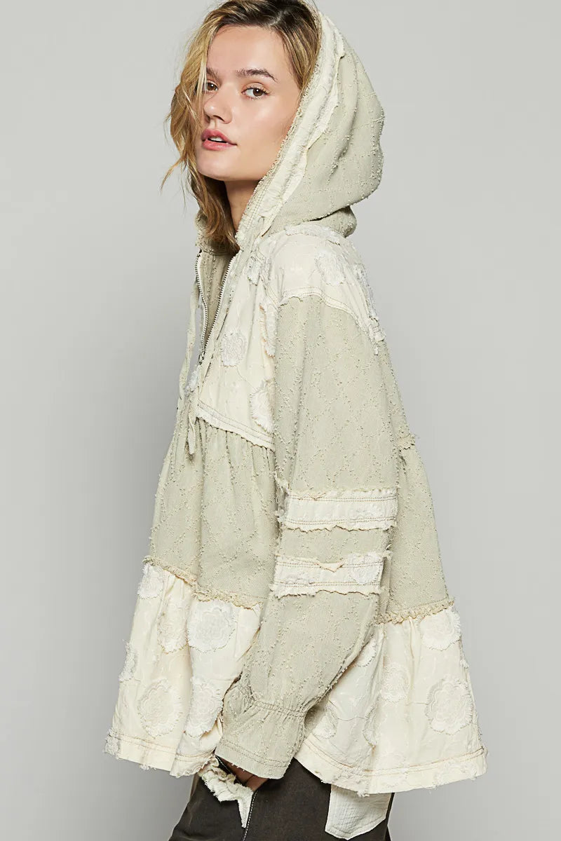 POL Raw Hem Color Block Hooded Jacket Jackets