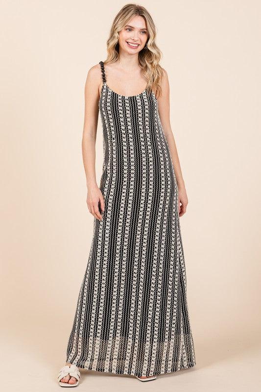 GeeGee Plus Size Striped Scoop Neck Beaded Strap Maxi Cami Dress Black Cami Dresses