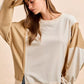 Beige and cream BiBi French terry color block bomber top